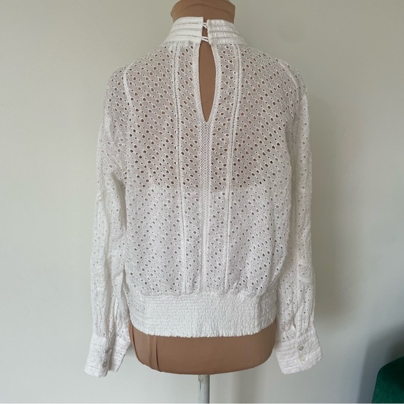FRAME High Neck Puff Sleeve Keyhole Ivory Ramie Long Sleeve Eyelet Party Top M - Picture 7 of 12
